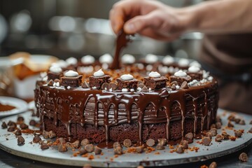 Indulgent chocolate cake topped with cookies, candies, and dripping ganache, perfect for any celebration