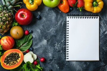 Wall Mural - Food ingredients, Fruits and vegetables and white paper sheet with copy space for you decoration