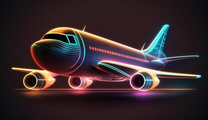 futuristic airplane with sleek lines and colorful lights, set against a dark, abstract background, abstract neon design of a glowing, AI Generative