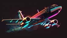 An Illustration Futuristic Airplane With Sleek Lines And Colorful Lights, Set Against A Dark, Abstract Background, Abstract Neon Design Of A Glowing, AI Generative