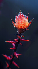 Sticker - A single red flower with droplets of water on it. The flower is surrounded by thorns, giving it a prickly appearance. Concept of fragility and beauty