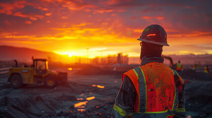 Wall Mural - A construction worker wearing a bright orange vest stands in front of a large construction site. The sun is setting in the background, casting a warm glow over the scene