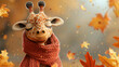 animated cartoon character of a lovable giraffe wrapped in a warm scarf, ready to embrace the autumn season