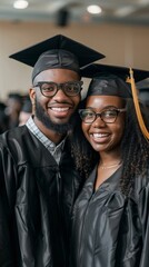 Joyful African American Graduates Celebrating Academic Success in Caps and Gowns. Horizontal high school graduation concept. copy space