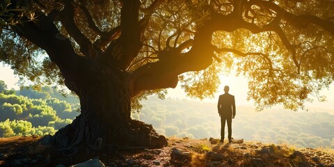 Sticker - Solitary Figure Standing Under Majestic Olive Tree at Dramatic Sunset Symbolizing Leadership Diplomacy and Peace Negotiation