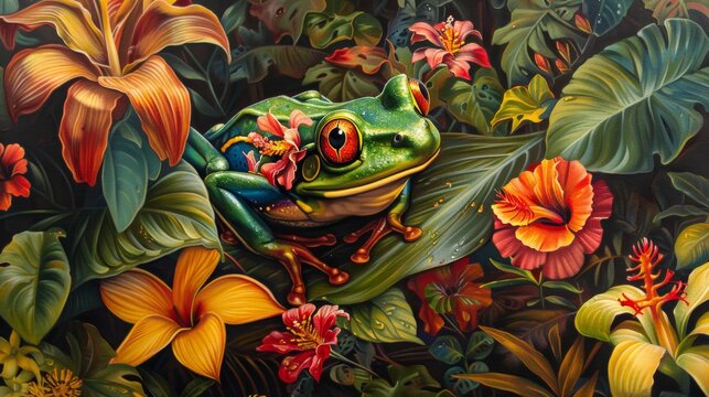 A classic oil painting depicting an emerald glass frog nestled among tropical flowers, its vibrant colors contrasting with the lush greenery.