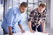 © peopleimages.com - Happy, architect and contractor with blueprint discussing building plans and construction in office. Men, architecture and meeting for planning project or home renovations and ideas for collaboration