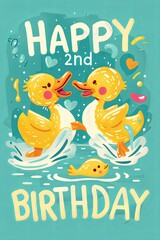  A charming illustration of ducklings celebrating a second birthday, great for kids' birthday invitations.