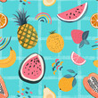 Seamless pattern with tropical fruits. Hand drawn illustrations of banana, watermelon, strawberry, papaya, orange and others. Summer vector background.