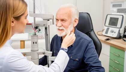 An elderly man undergoes an eye examination in a modern clinic. An expert checks vision using diagnostic ophthalmological equipment