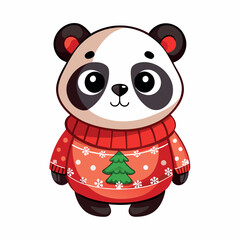 Canvas Print - A cartoon panda wearing a red sweater and a Christmas tree on it. The panda is smiling and looking at the camera