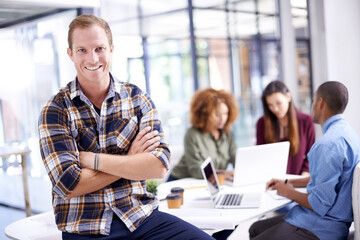 Aufkleber - Portrait, meeting and businessman with arms crossed in office for teamwork, review or planning. Company, smile and employee for collaboration, discussion or professional at interior design agency