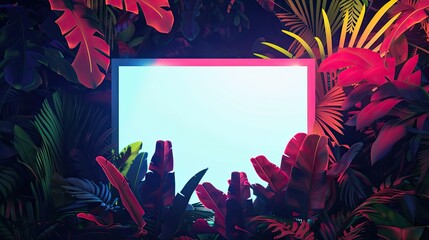 Wall Mural - Blank empty mockup of screen on neon plants background. Generative AI	 