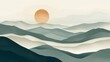 A set of creative abstract mountain landscape and mountain range backgrounds. Mid century modern vector illustrations with sea or lake, sky, sun and moon. Trendy contemporary design.