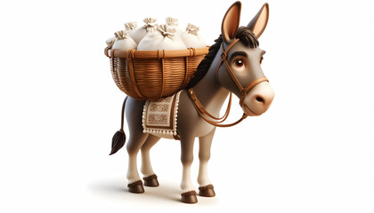 Loaded Donkey with Traditional Saddle: 3D Cartoon Illustration, Donkey Carrying Heavy Load: 3D Caricature with Baskets, Donkey with Baskets and Saddle