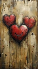 Wall Mural - A painting of three red hearts with smiley faces painted on them, AI