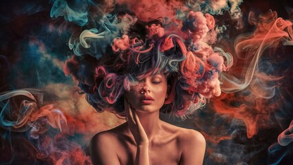  Clouds of colored smoke surrounding a woman. A charming and mysterious atmosphere of an abstract smoky background, captivating you into the cloudy world of erotic fantasies. AI generated.