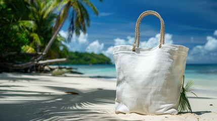 Summer beach bag, tote bag, shopping bag for mockup beach bag on beach and sea background