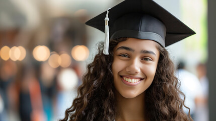 Wall Mural - Cheerful young woman wearing a graduation cap beams with pride and joy, representing success and the end of an academic journey, with a blur of fellow graduates in the background