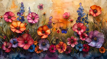 Wall Mural - create a vibrant garden scene using watercolors to paint a soft background of blooming wildflowers, 
