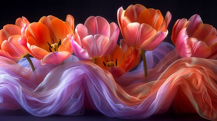 Wall Mural - create a vivid depiction of vibrant tulips draped with sheer, embroidered silk. emphasize the transl