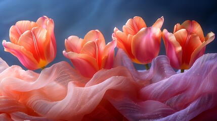 Wall Mural - create a vivid depiction of vibrant tulips draped with sheer, embroidered silk. emphasize the transl