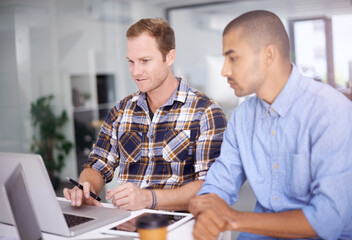 Aufkleber - Company, meeting and business men with laptop in creative office for teamwork, review or planning project. Interior Design, technology and male employees for professional, collaboration or discussion