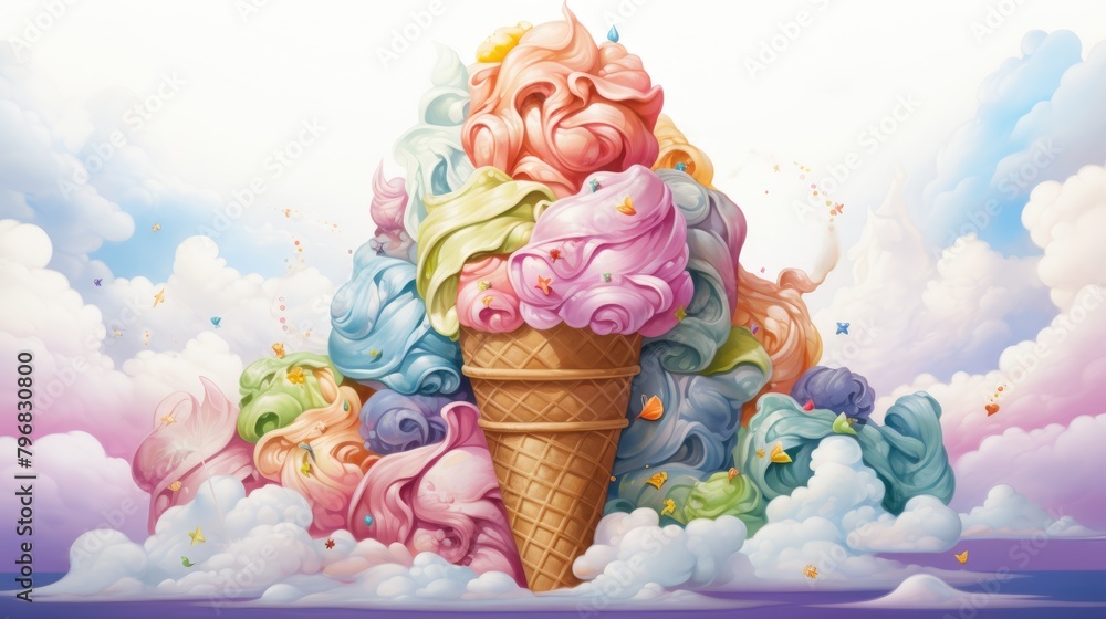 a image waffle cone piled high with scoops of ice cream and rainbow ...