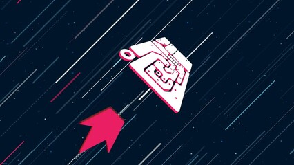 Wall Mural - Printed circuit board flies through the universe on a jet propulsion. The symbol in the center is shaking due to high speed. Seamless looped 4k animation on dark blue background with stars