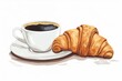illustration of a black coffee and a croissant on white background