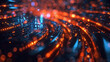 A blurry image of a cityscape with bright orange and blue lights