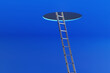 Stainless ladder climbing up to a big  hole in the blue ceiling. Illustration of the concept of the ladder of success, exit, exploration and mystery