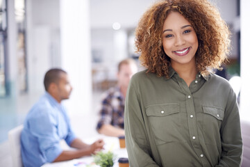 Aufkleber - Interior design meeting, portrait and happy businesswoman in creative office for teamwork, review or planning. Company, smile and employee for collaboration, discussion or professional in workplace