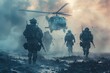 A dynamic image capturing soldiers in action as they rush towards a waiting military helicopter amidst dust and atmosphere