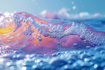 A spectacular image capturing the collision of pink and blue water with bubbles, symbolizing contrast and harmony