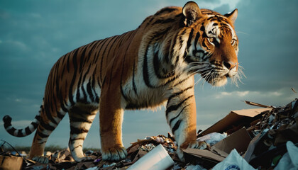 Wall Mural - a tiger in a polluted habitat. tiger day. environmental pollution