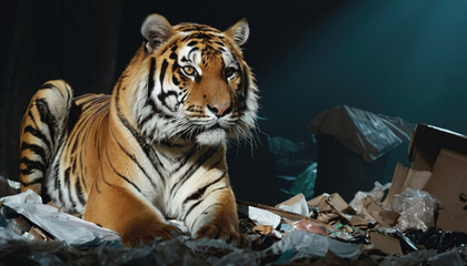 Wall Mural - a tiger in a polluted habitat. tiger day. environmental pollution