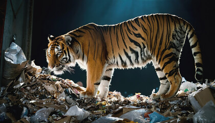 Wall Mural - a tiger in a polluted habitat. tiger day. environmental pollution