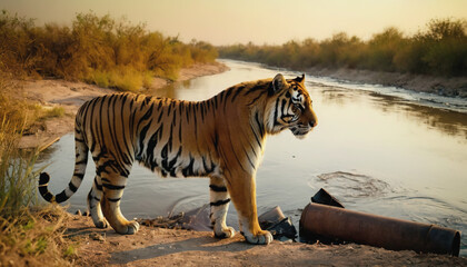 Wall Mural - a tiger in a polluted habitat. tiger day. environmental pollution