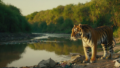 Wall Mural - a tiger in a polluted habitat. tiger day. environmental pollution