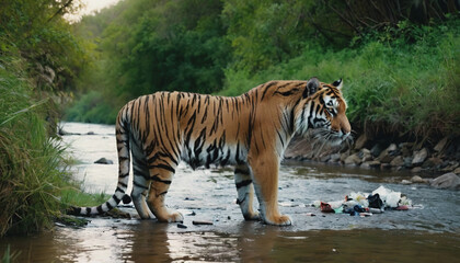 Wall Mural - a tiger in a polluted habitat. tiger day. environmental pollution