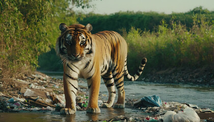 Wall Mural - a tiger in a polluted habitat. tiger day. environmental pollution