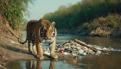 Wall Mural - a tiger in a polluted habitat. tiger day. environmental pollution