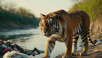 Wall Mural - a tiger in a polluted habitat. tiger day. environmental pollution