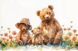 Watercolor weekend of parent with kids in the sunny forest. Toy bear family picnic on the flower lawn. Lovely cartoon painting.
