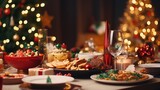 Fototapeta  - Christmas Dinner table full of dishes with food and snacks, New Year's decor with a Christmas tree on the background.