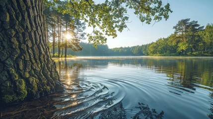 Poster - A tree is next to a body of water, and the water is calm. The sun is shining on the water, creating a beautiful reflection. The scene is peaceful and serene, with the tree