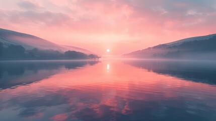 Poster - A beautiful sunset over a lake with a pink sky. The water is calm and still, reflecting the sky and the sun. The scene is serene and peaceful, with the sun setting in the distance