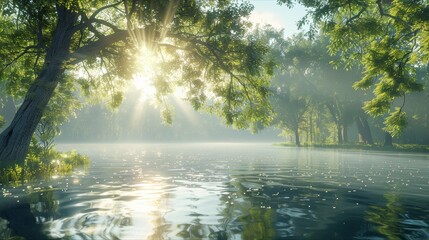 Poster - A beautiful scene of a lake with trees in the background. The sun is shining on the water, creating a peaceful and serene atmosphere