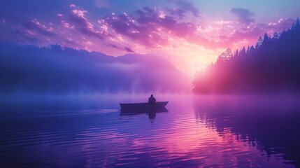 Poster - A boat is floating on a lake with a beautiful sunset in the background. The sky is filled with clouds and the water is calm